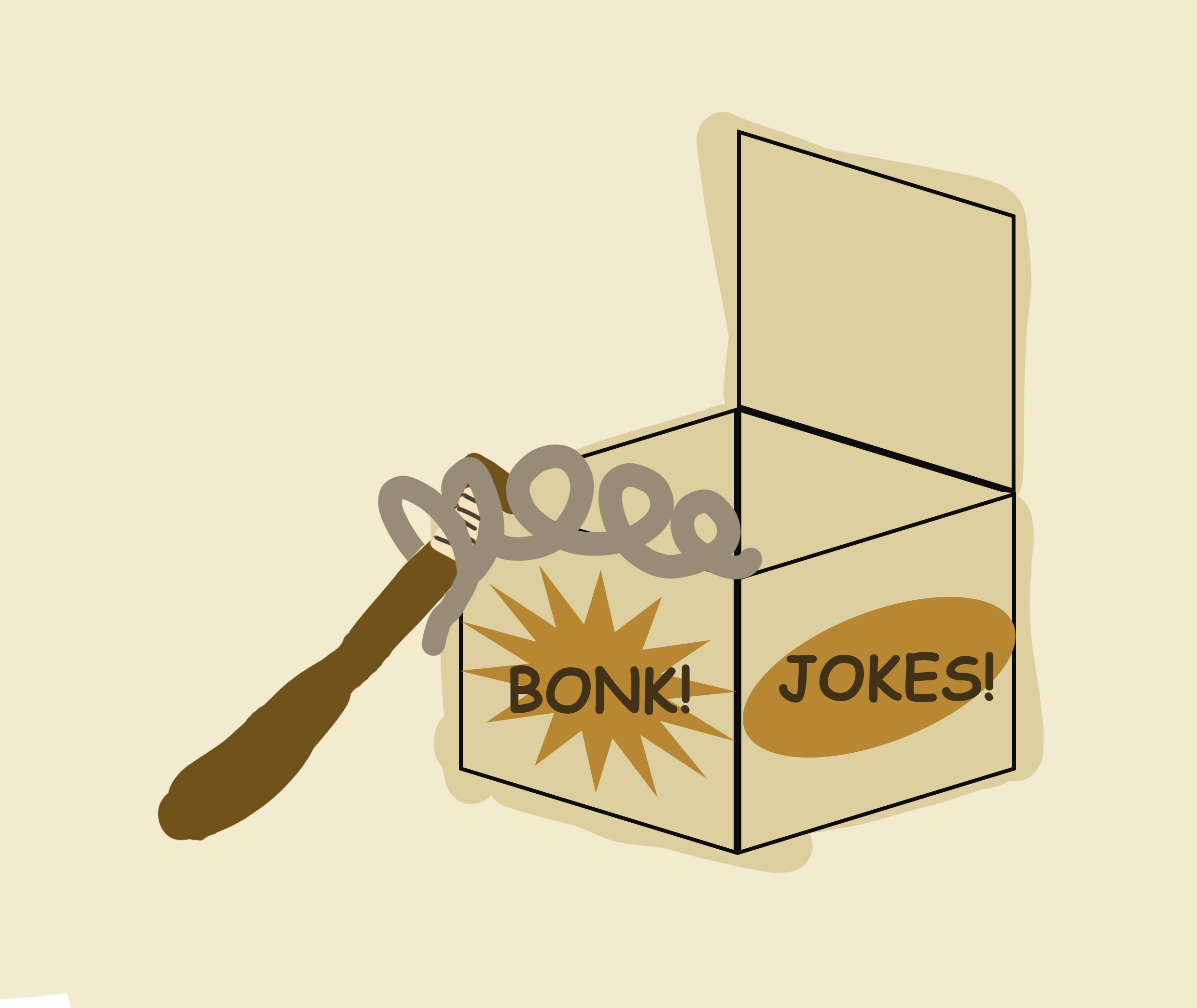 a jack in the box labelled bonk and jokes, instead of a clown there is a baseball bat