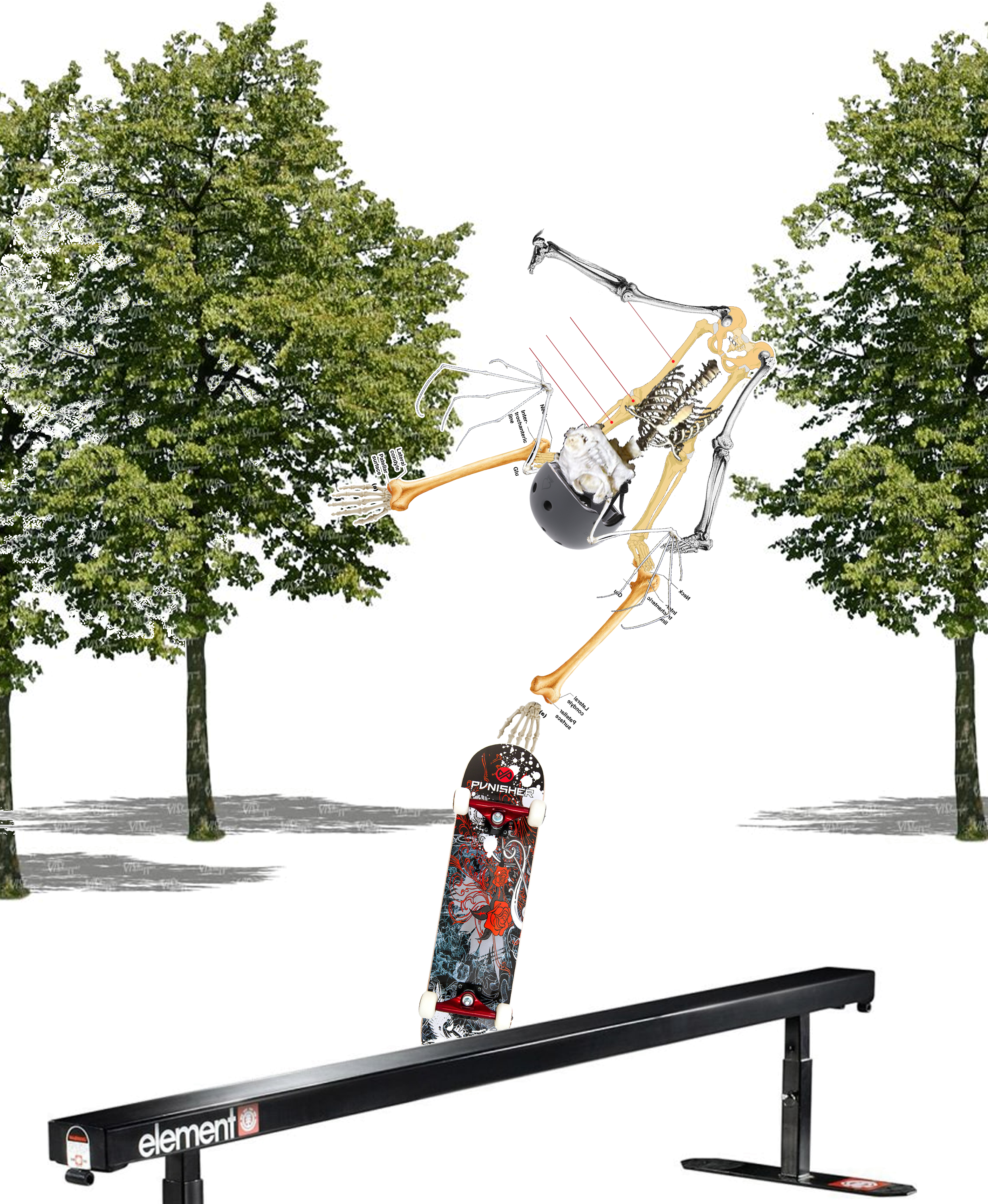 A skeleton made of mismatched parts does a sweet flip on a skateboard grind rail